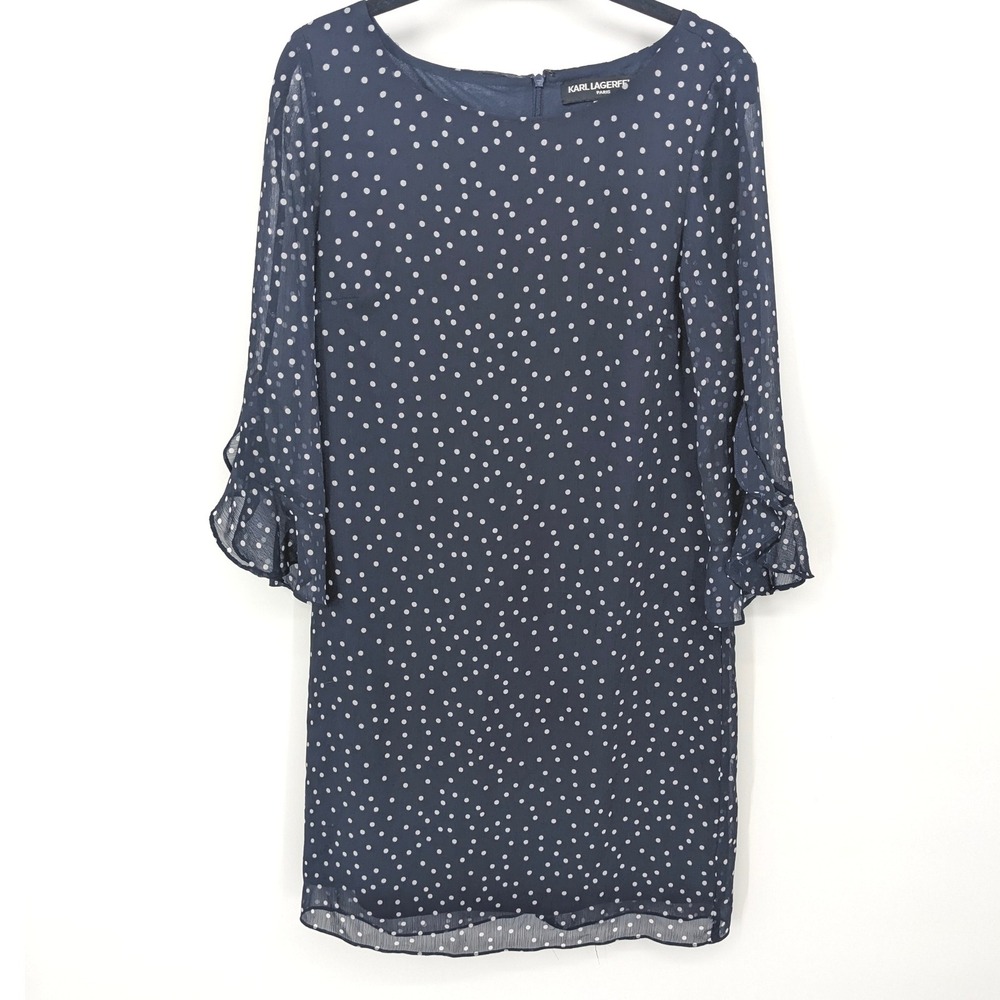 Karl Lagerfeld Dress Womens 6 Navy Blue Polka Dot Sheer Chiffon Ruffle Shift